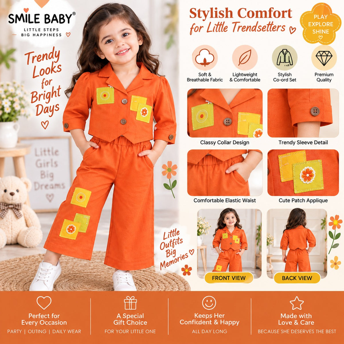 JUST TOTS Girls Co-Ord Set | Stylish Collar Top & Wide Leg Pants | 12 Months to 6 Years | ORANGE and Lemon