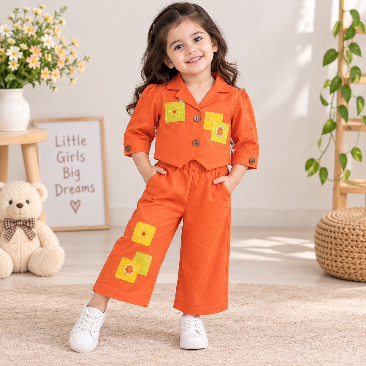 JUST TOTS Girls Co-Ord Set | Stylish Collar Top & Wide Leg Pants | 12 Months to 6 Years | ORANGE and Lemon