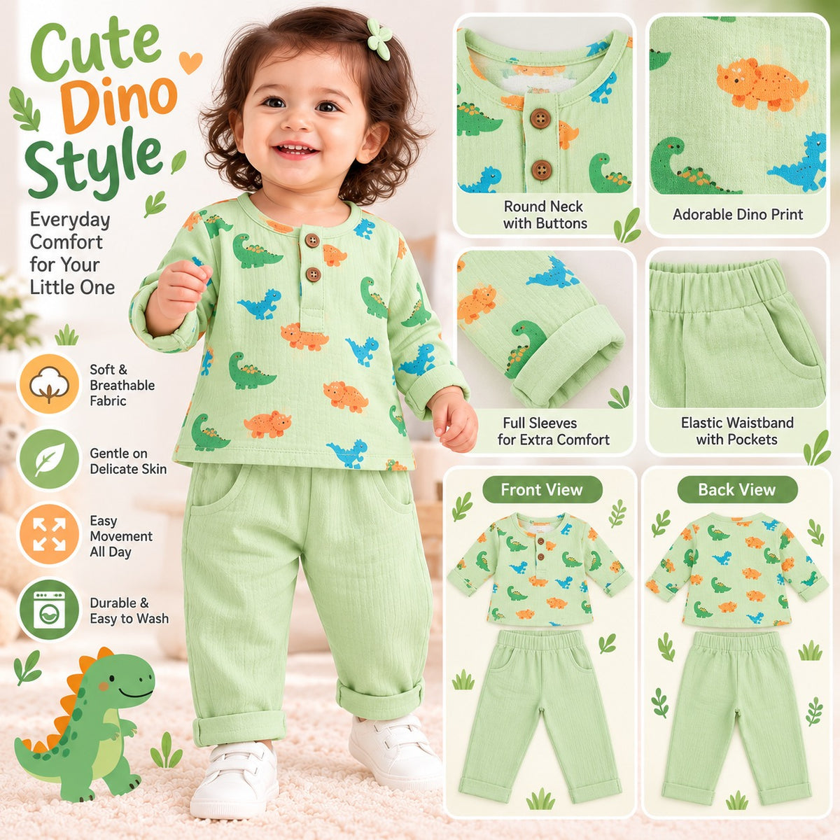 SMILE BABY girls green dinosaur muslin night suit back view