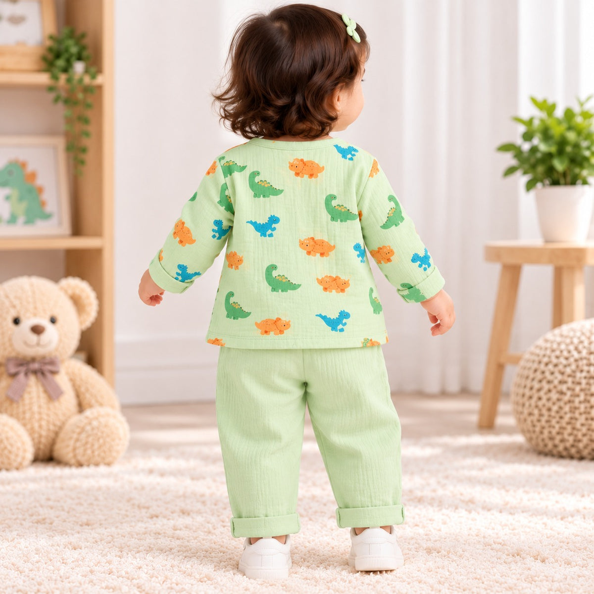 SMILE BABY girls green dinosaur muslin night suit front view