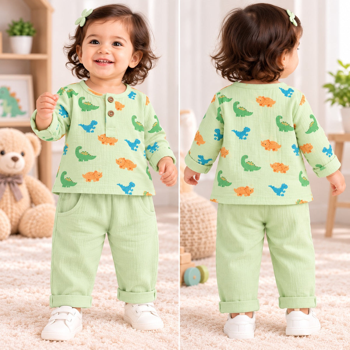SMILE BABY girls green dinosaur muslin night suit front and back view