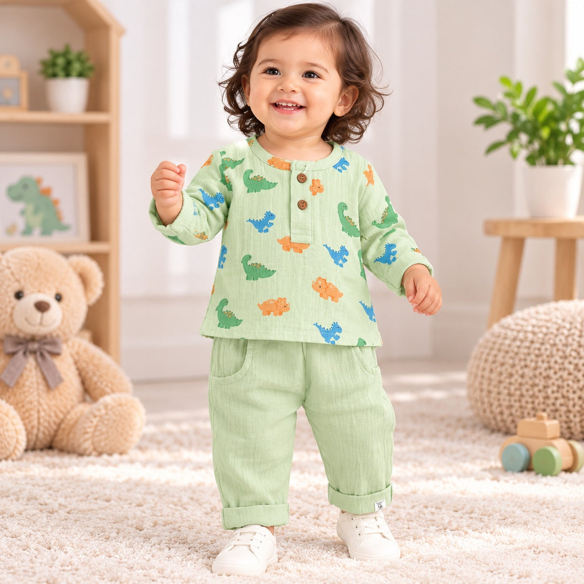 SMILE BABY girls green dinosaur muslin night suit product infographic