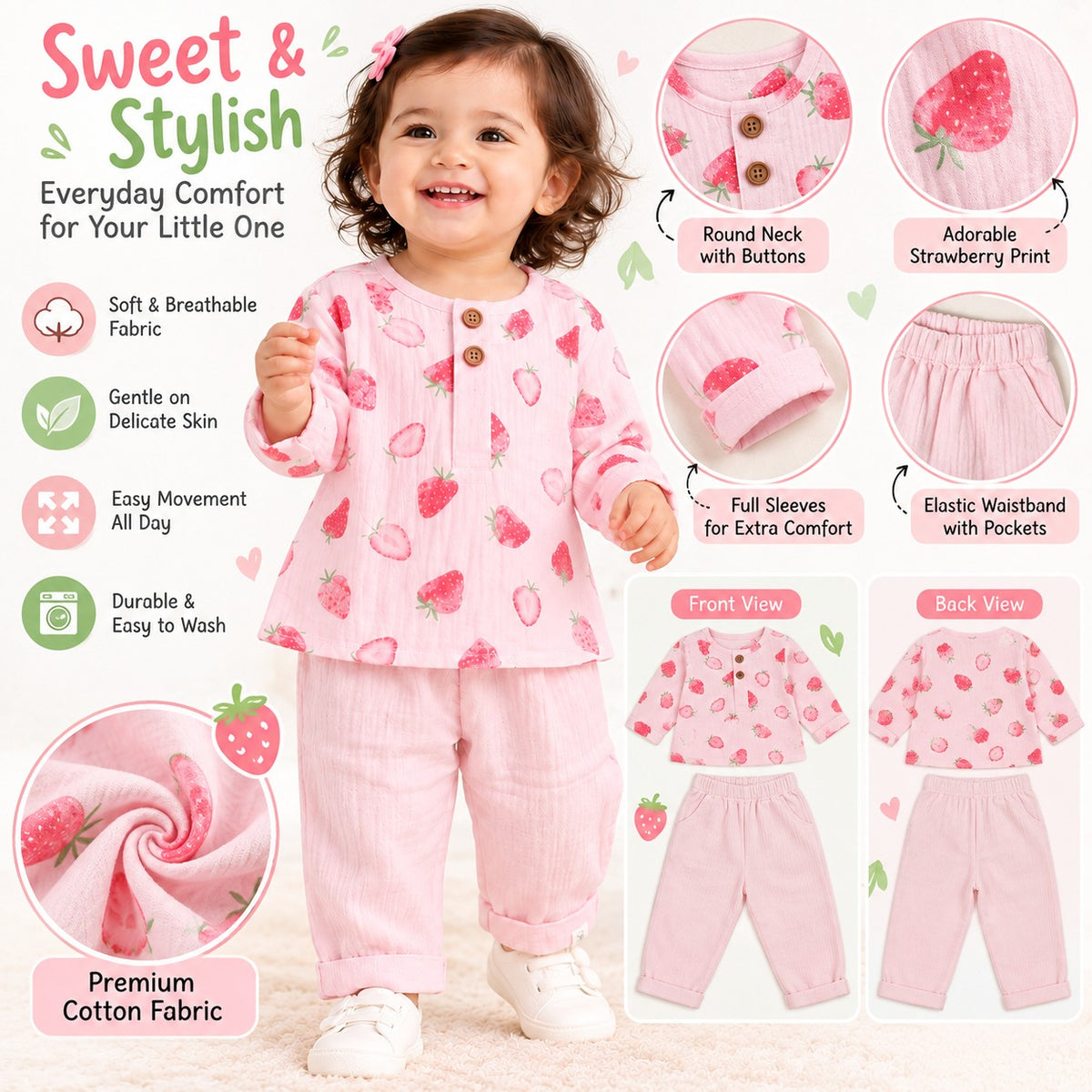 SMILE BABY girls pink strawberry muslin night suit product features