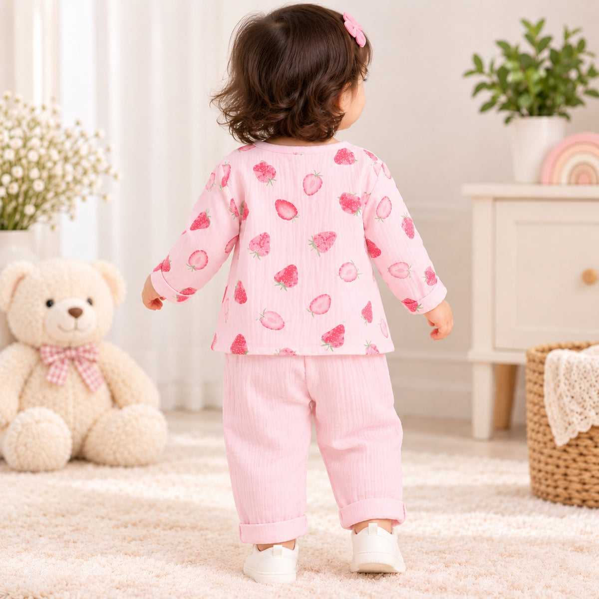 SMILE BABY girls pink strawberry muslin night suit back view
