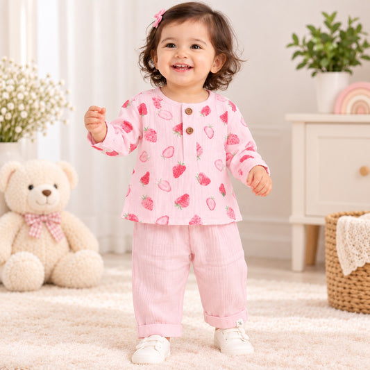 SMILE BABY girls pink strawberry muslin night suit front view