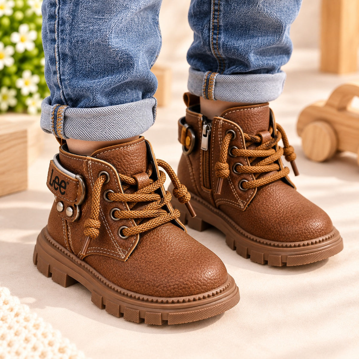 Smile Baby kids brown ankle boots worn side view