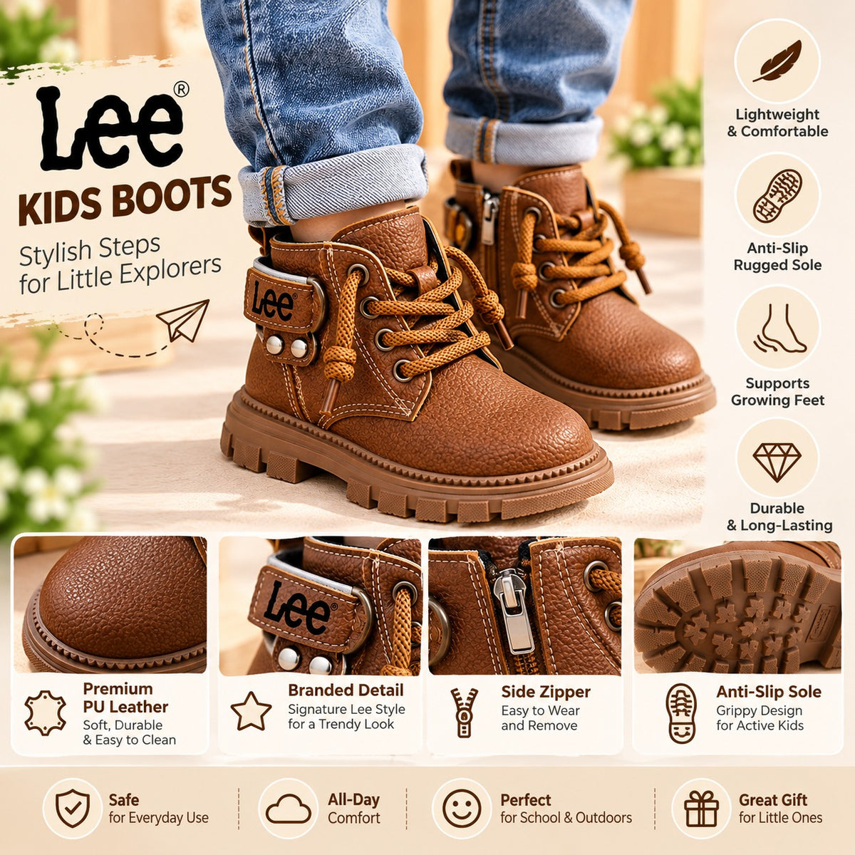 Smile Baby kids brown boots features anti-slip sole side zipper and PU leather
