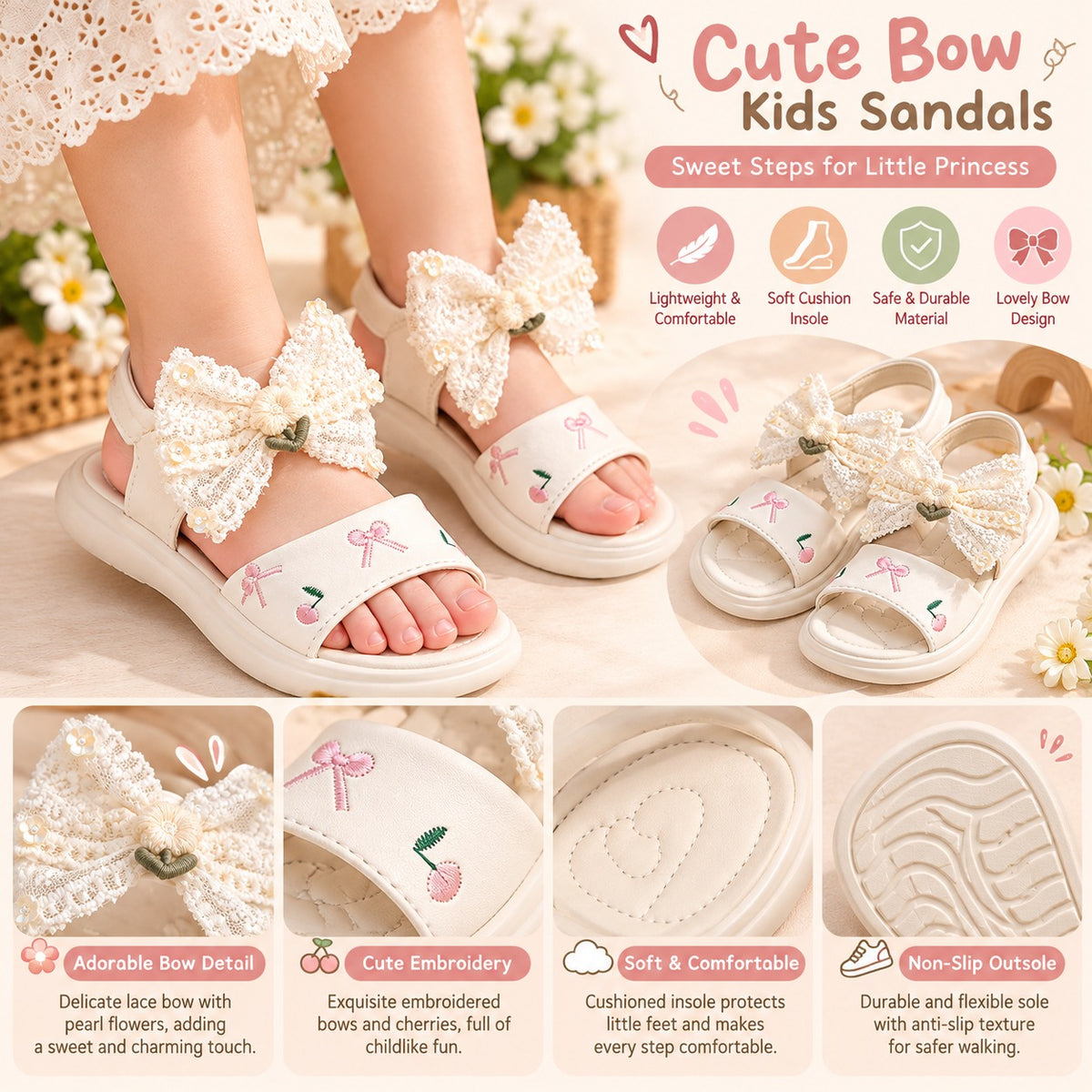 Smile Baby cute bow kids sandals with soft cushioned insole and non slip outsole