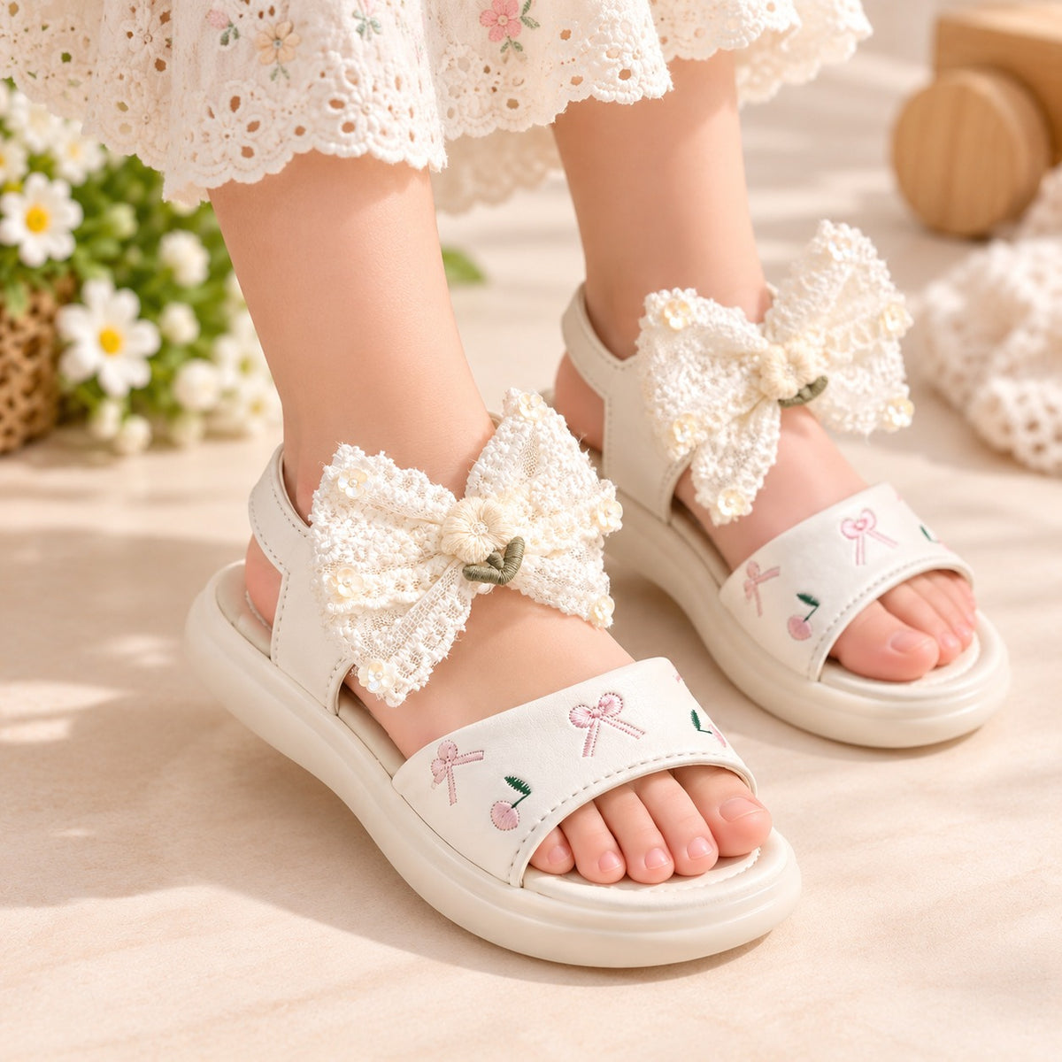 Smile Baby beige girls bow sandals worn on feet with cherry embroidery