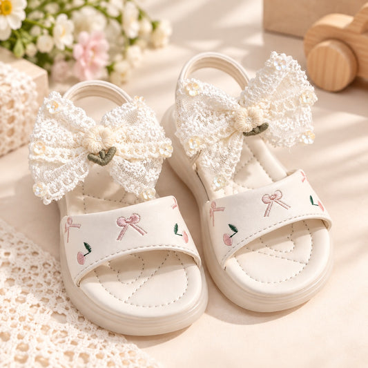 Smile Baby beige girls bow sandals with lace floral bow detail