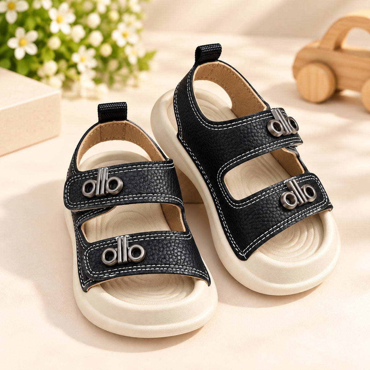 Smile Baby black kids sandals front view with cushioned sole and adjustable straps