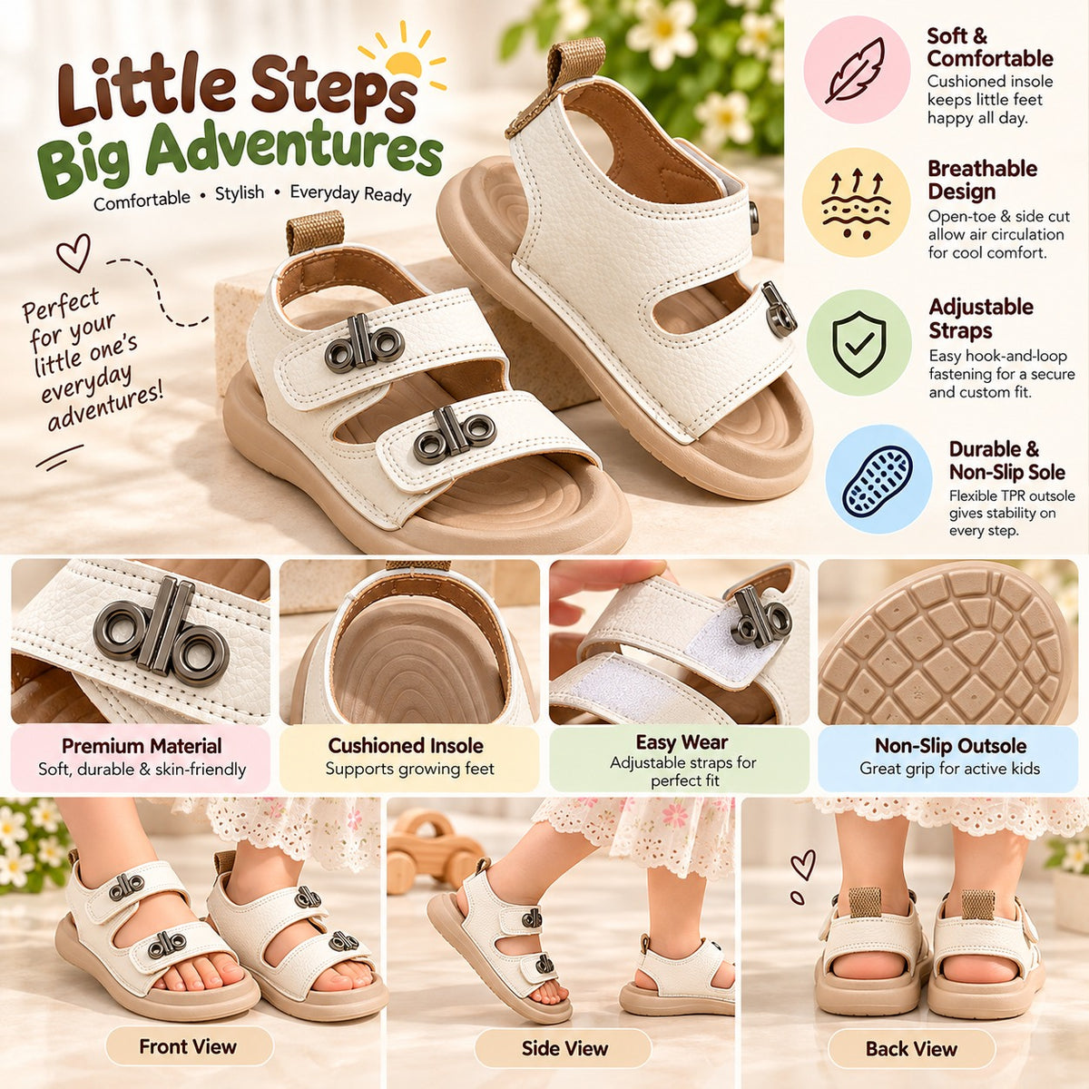 Smile Baby girls sandals feature infographic with cushioned insole breathable design and non slip outsole