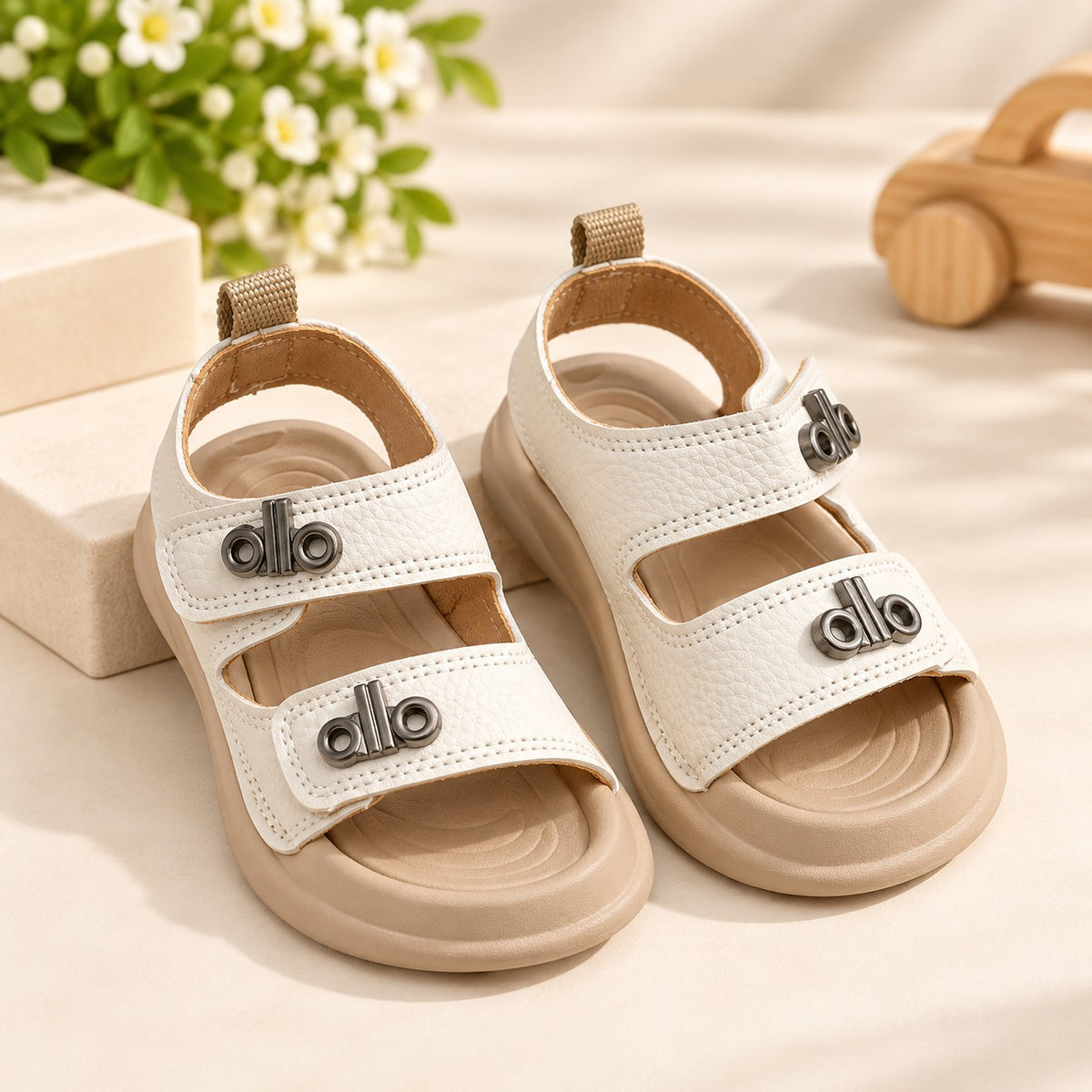 Smile Baby girls black and white kids sandals with adjustable straps and cushioned insole