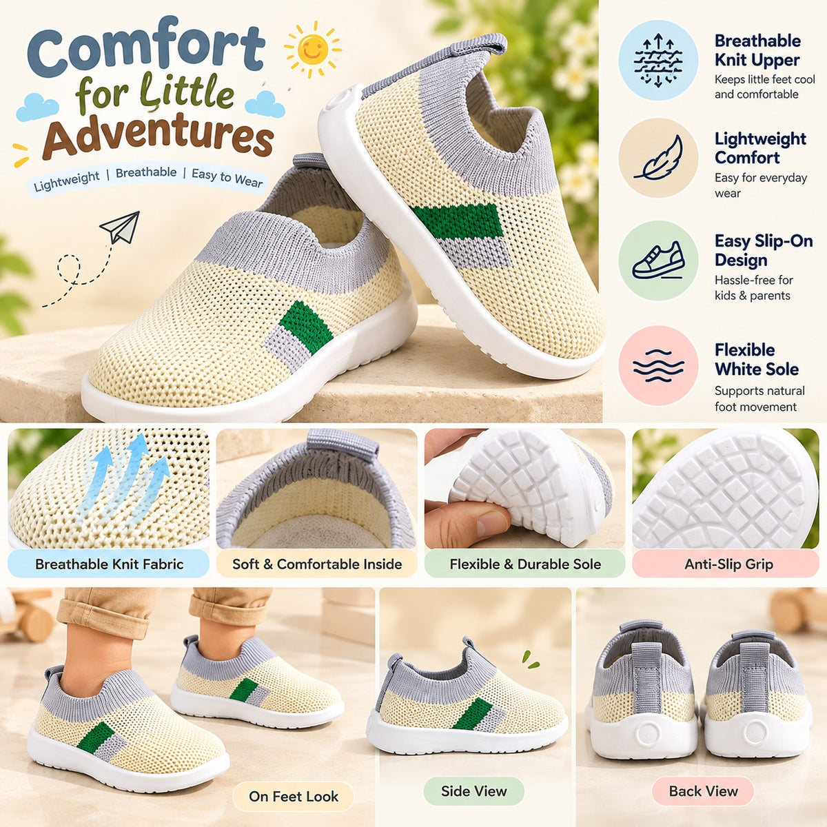 Smile Baby boys cream grey knit shoes breathable and anti-slip features infographic