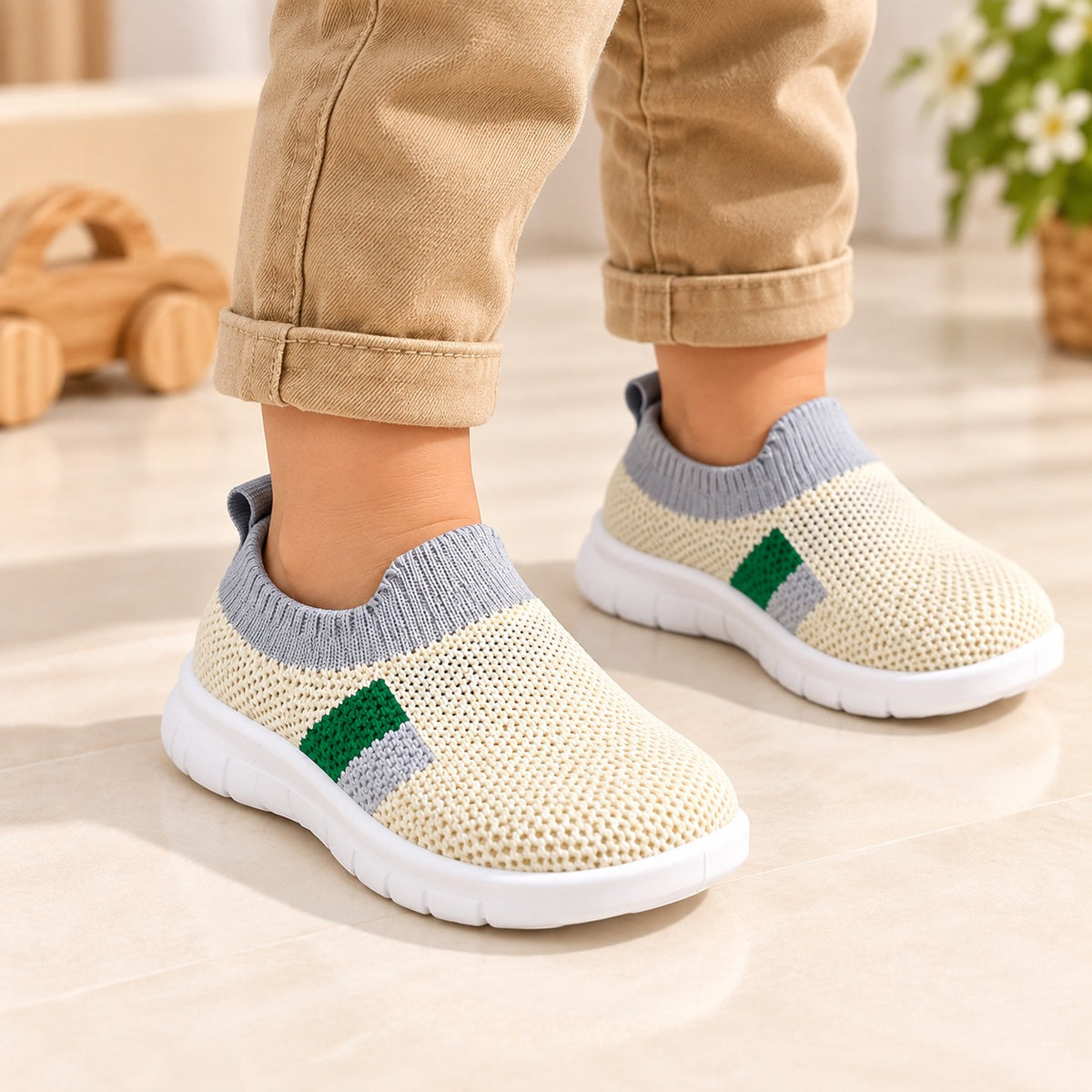 Smile Baby boys cream grey lightweight slip-on shoes worn by child