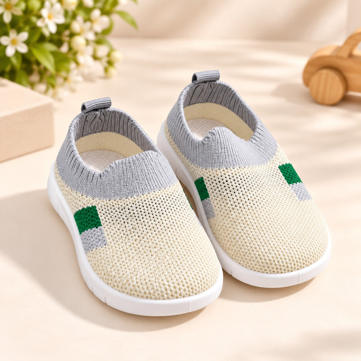 Smile Baby boys cream grey breathable knit slip-on shoes front view