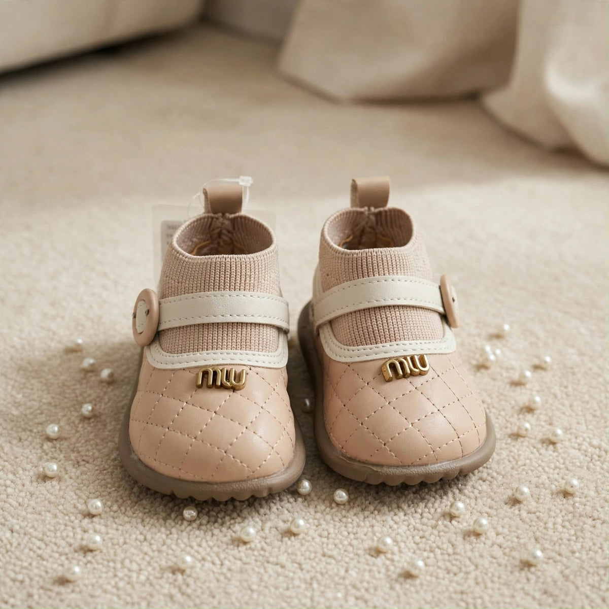 Smile Baby girls pink quilted baby shoes front view with adjustable strap