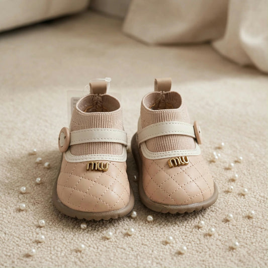 Smile Baby girls pink quilted baby shoes front view with adjustable strap