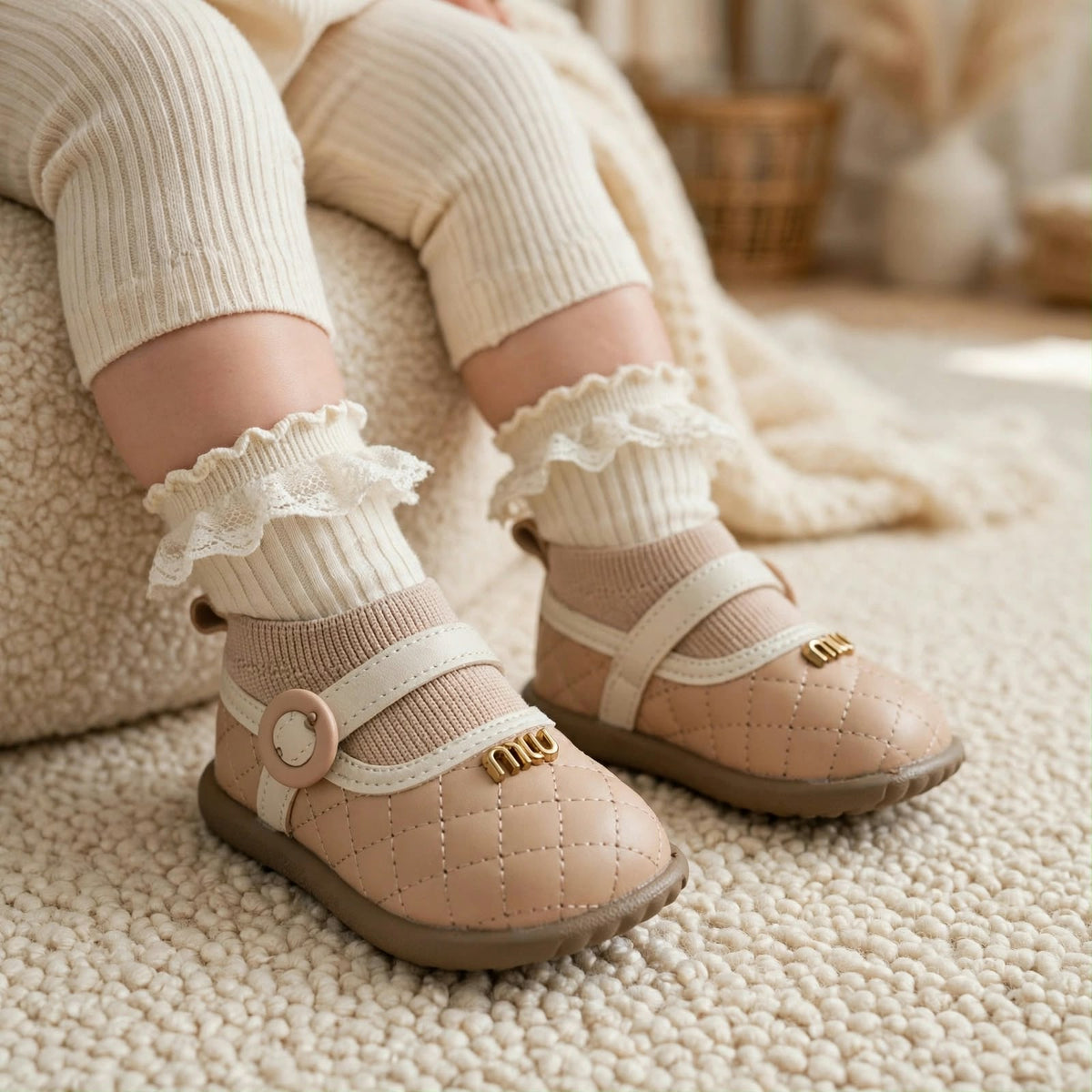 Smile Baby girls pink quilted shoes worn with soft knit ankle and secure strap