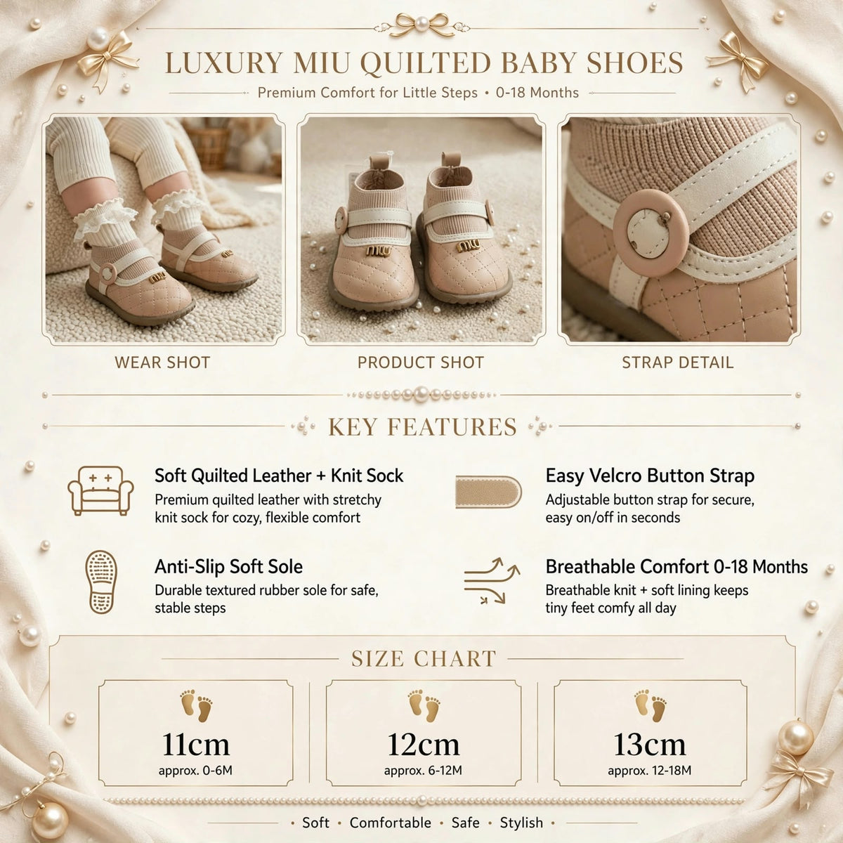 Smile Baby girls pink quilted baby shoes with soft knit sock and strap