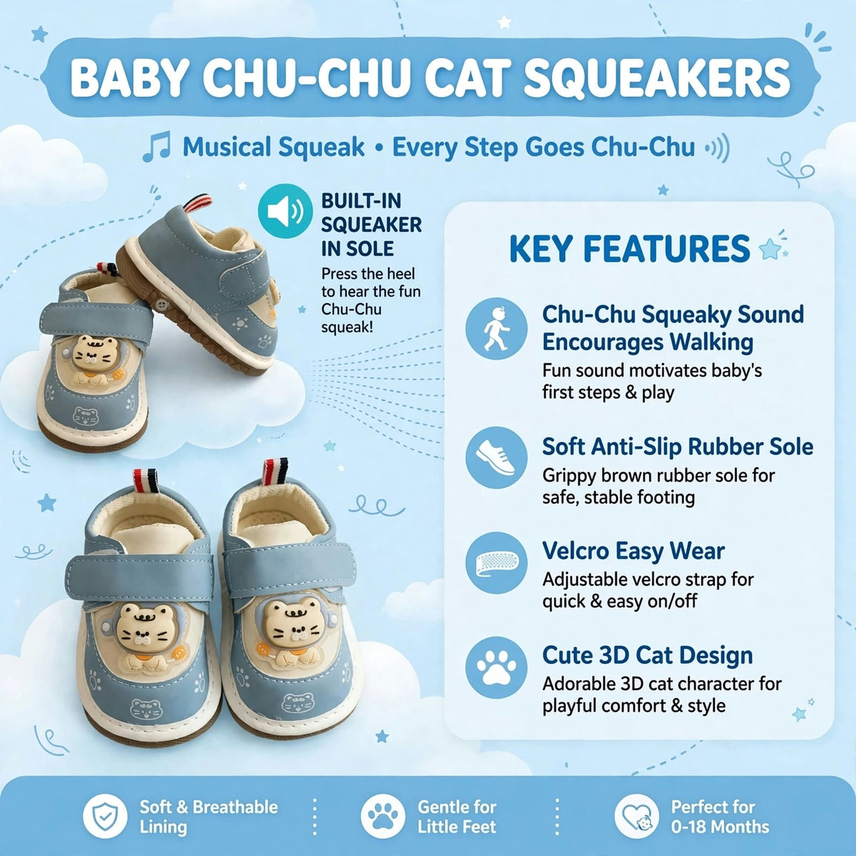 Smile Baby baby Chu-Chu cat squeaker shoes features built-in squeaker anti-slip sole and Velcro strap