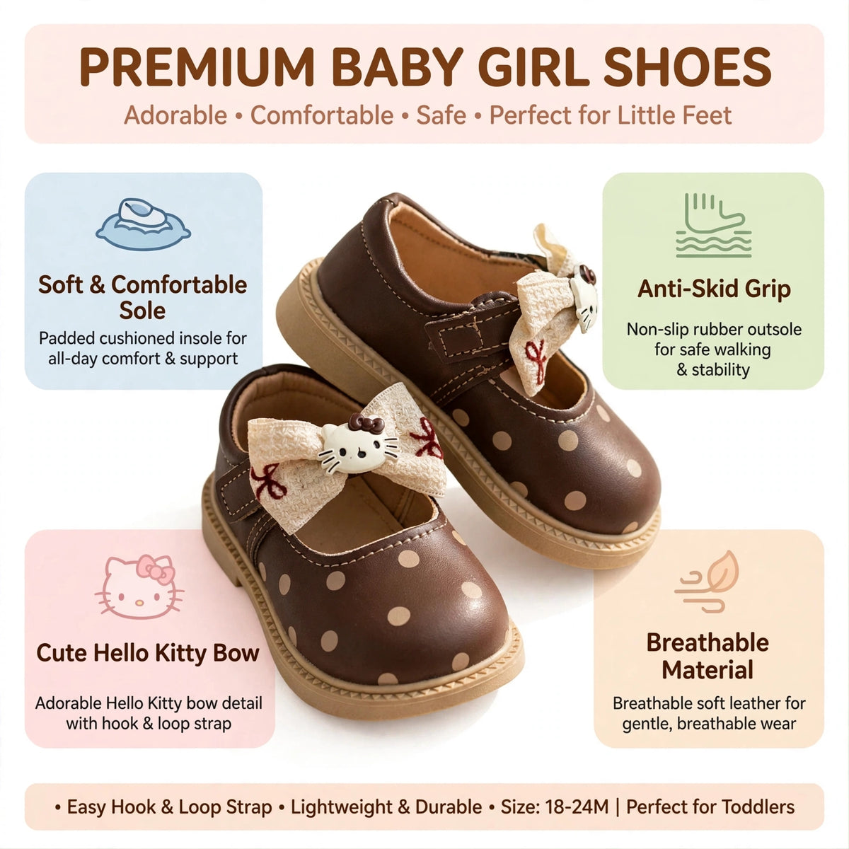 Smile Baby girls brown and beige polka dot bow shoes infographic