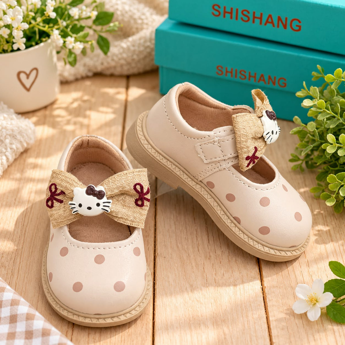 Smile Baby girls beige Hello Kitty bow shoes front view