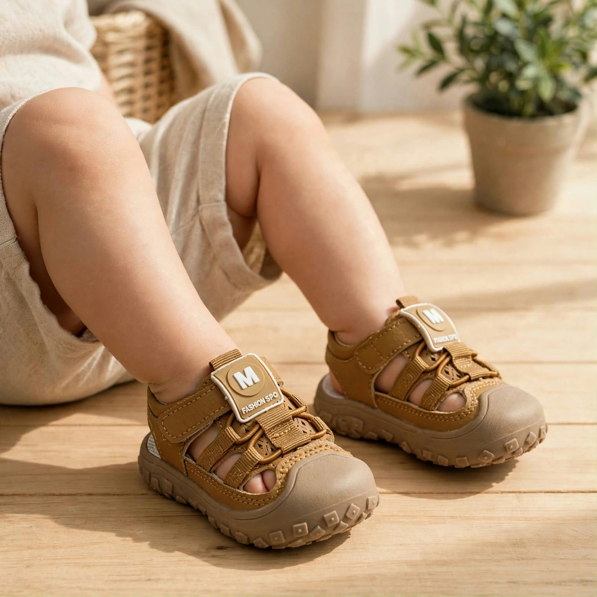 Smile Baby boys brown sport sandals worn by child