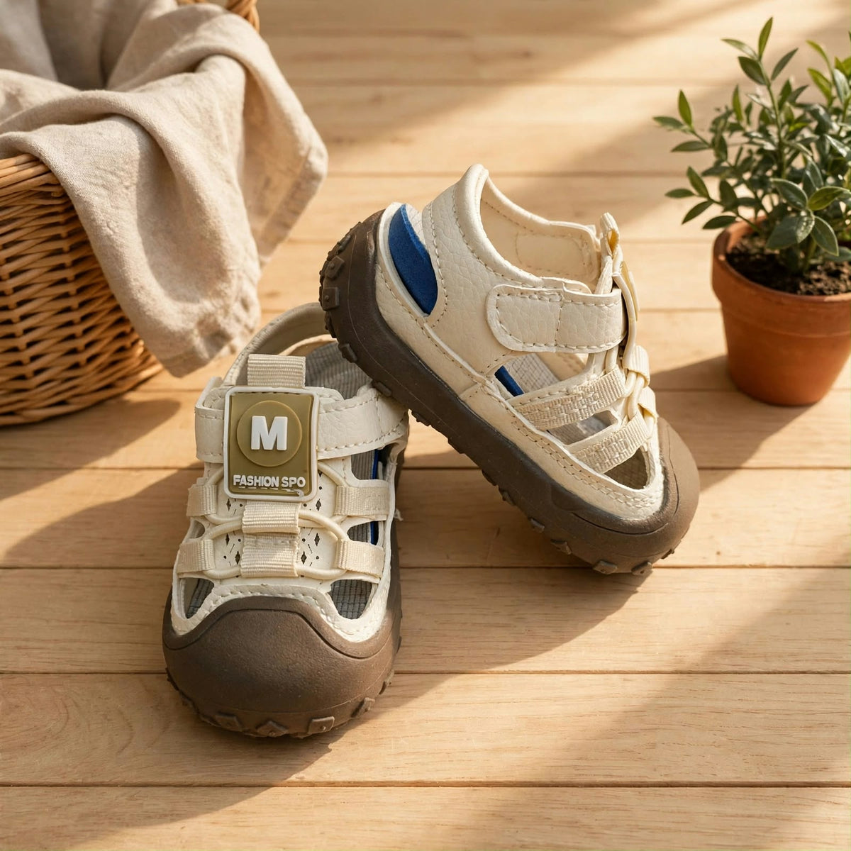 Smile Baby boys beige and brown sport sandals front and side view