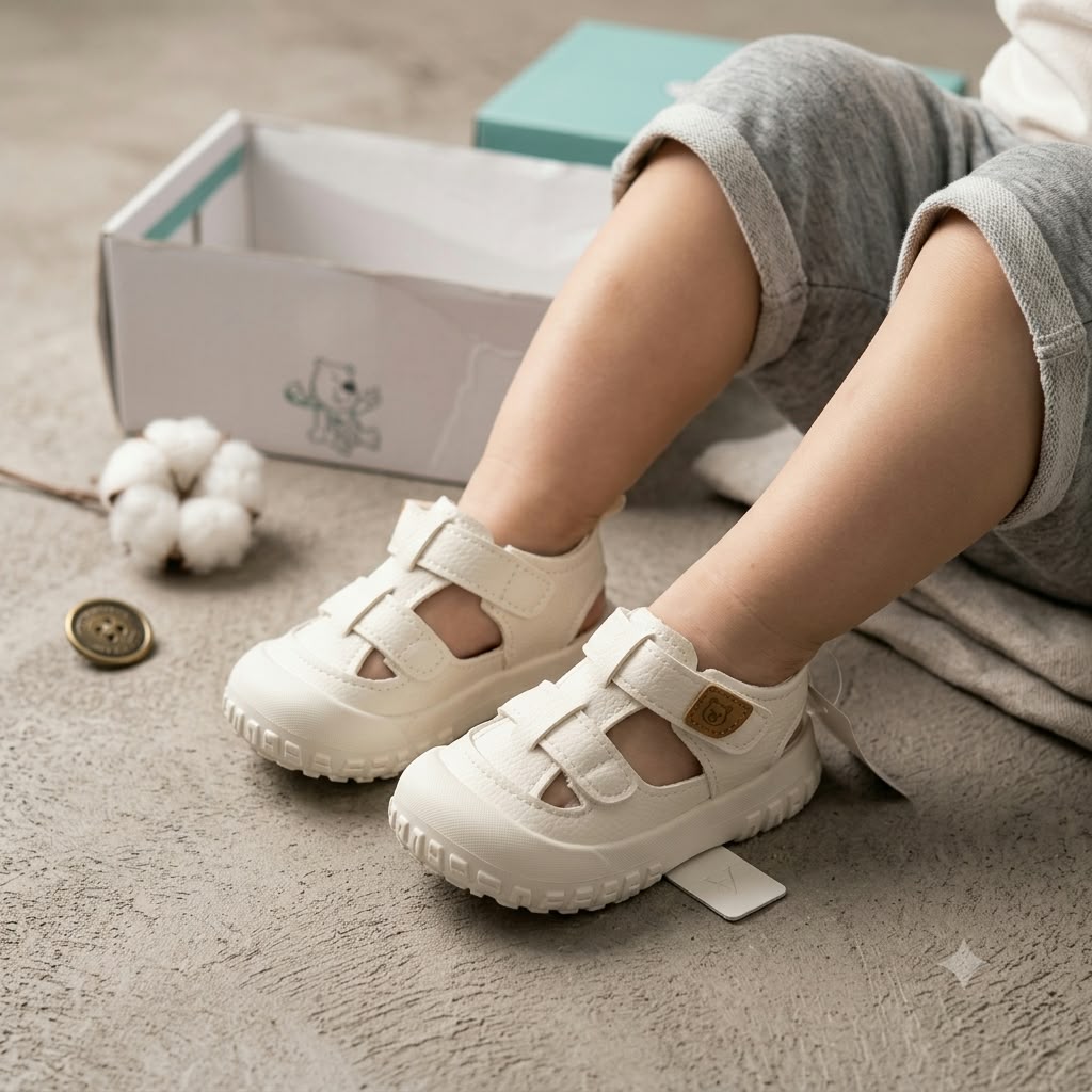 Smile Baby boys white baby shoes with adjustable strap, worn by toddler