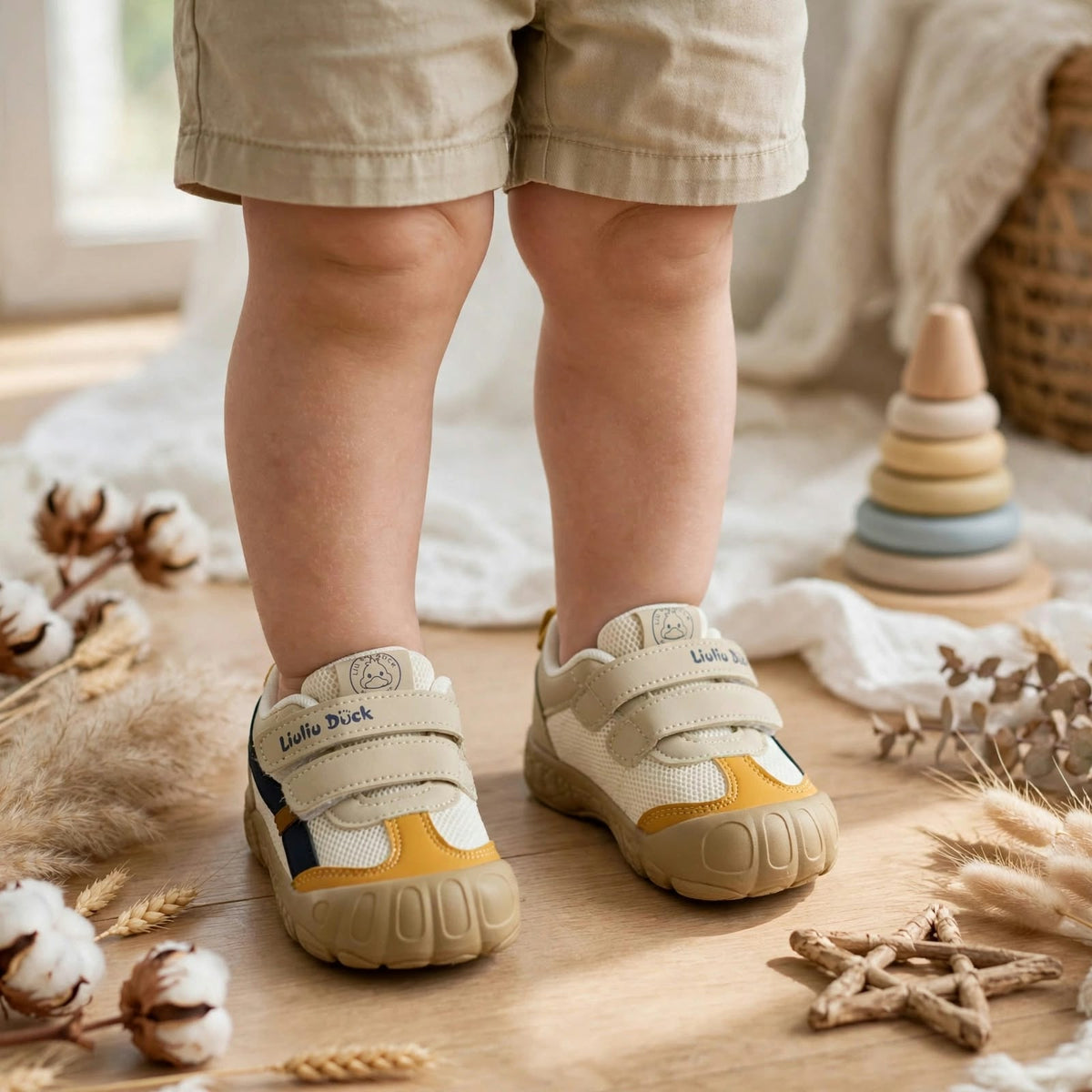 SMILE BABY Boys Toddler Sneakers – Cream & Yellow Velcro Shoes 