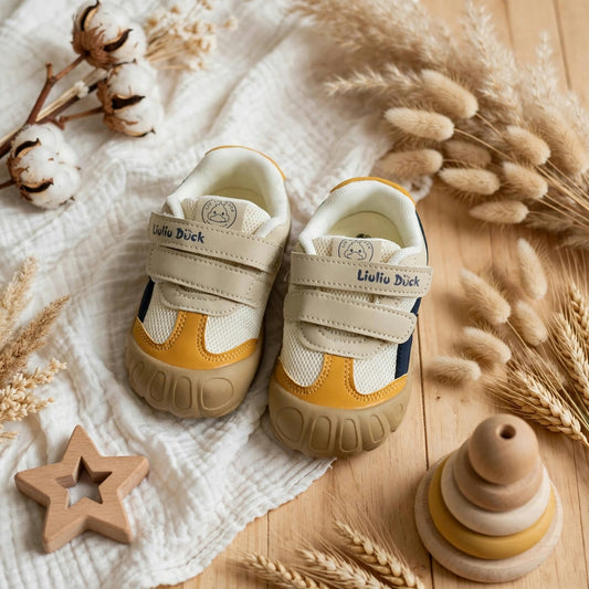 SMILE BABY boys cream yellow toddler shoes front view