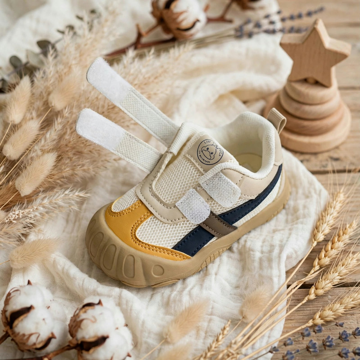 SMILE BABY boys cream yellow toddler shoes side view