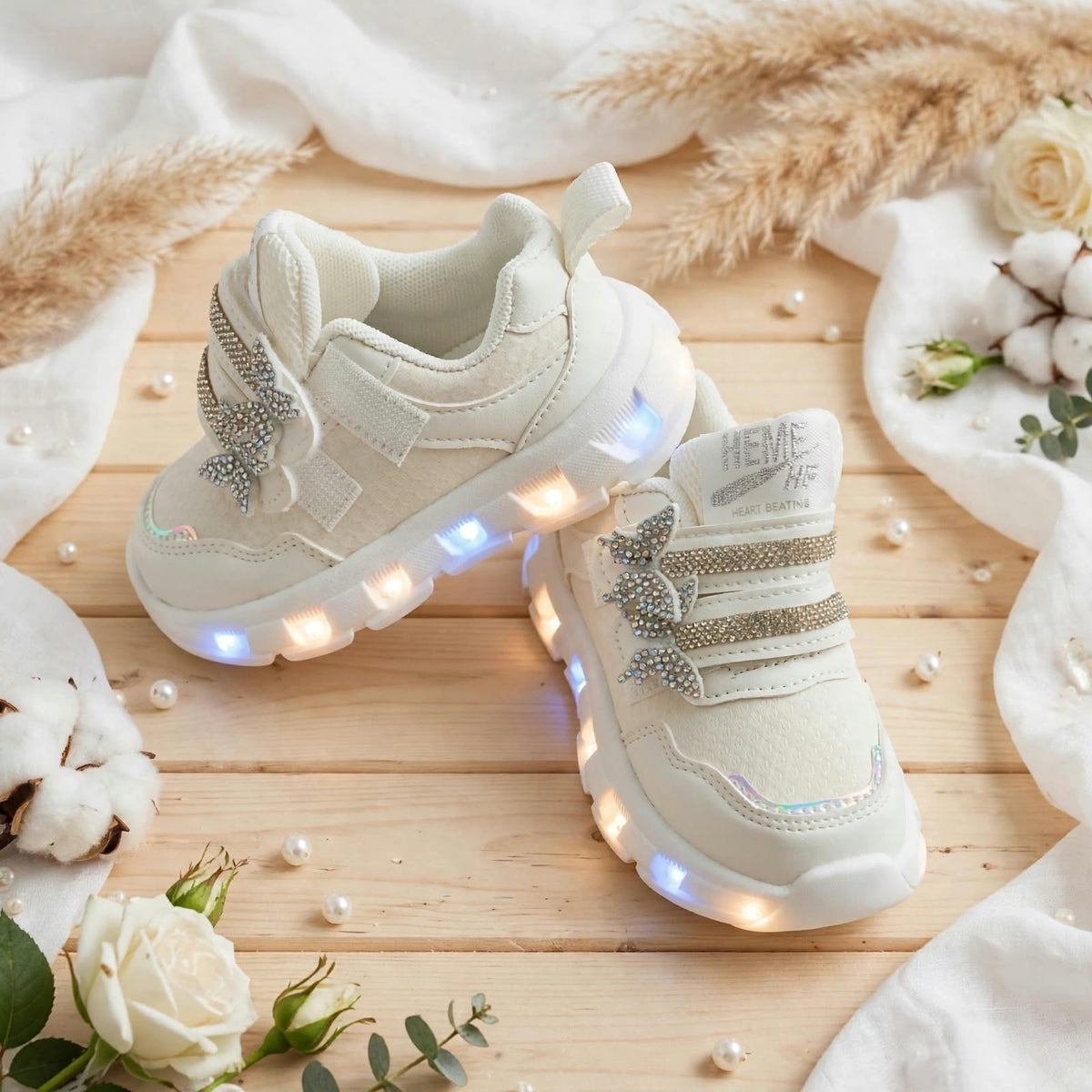 SMILE BABY white LED butterfly kids shoes - light-up sole view