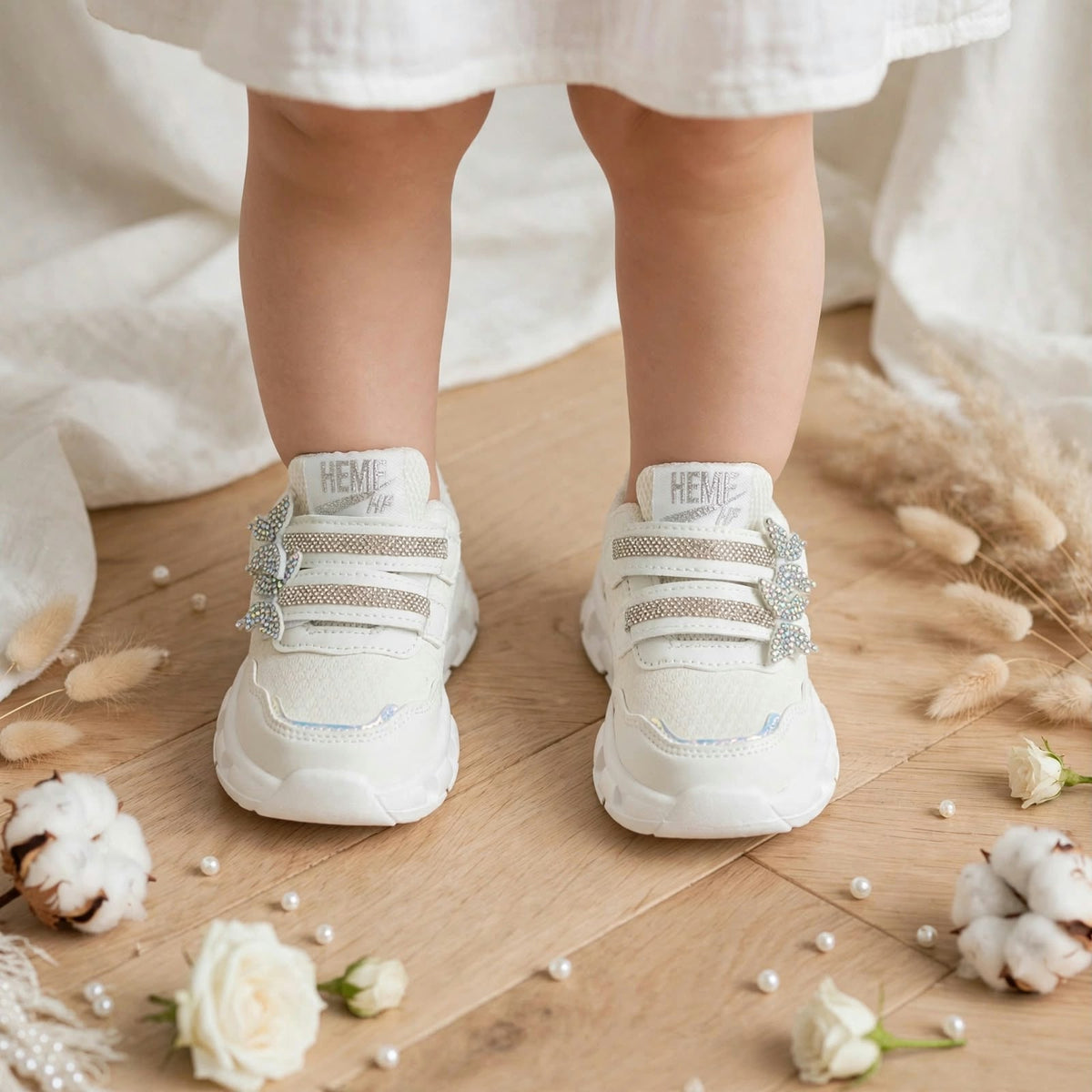 SMILE BABY white LED butterfly kids shoes - on feet view