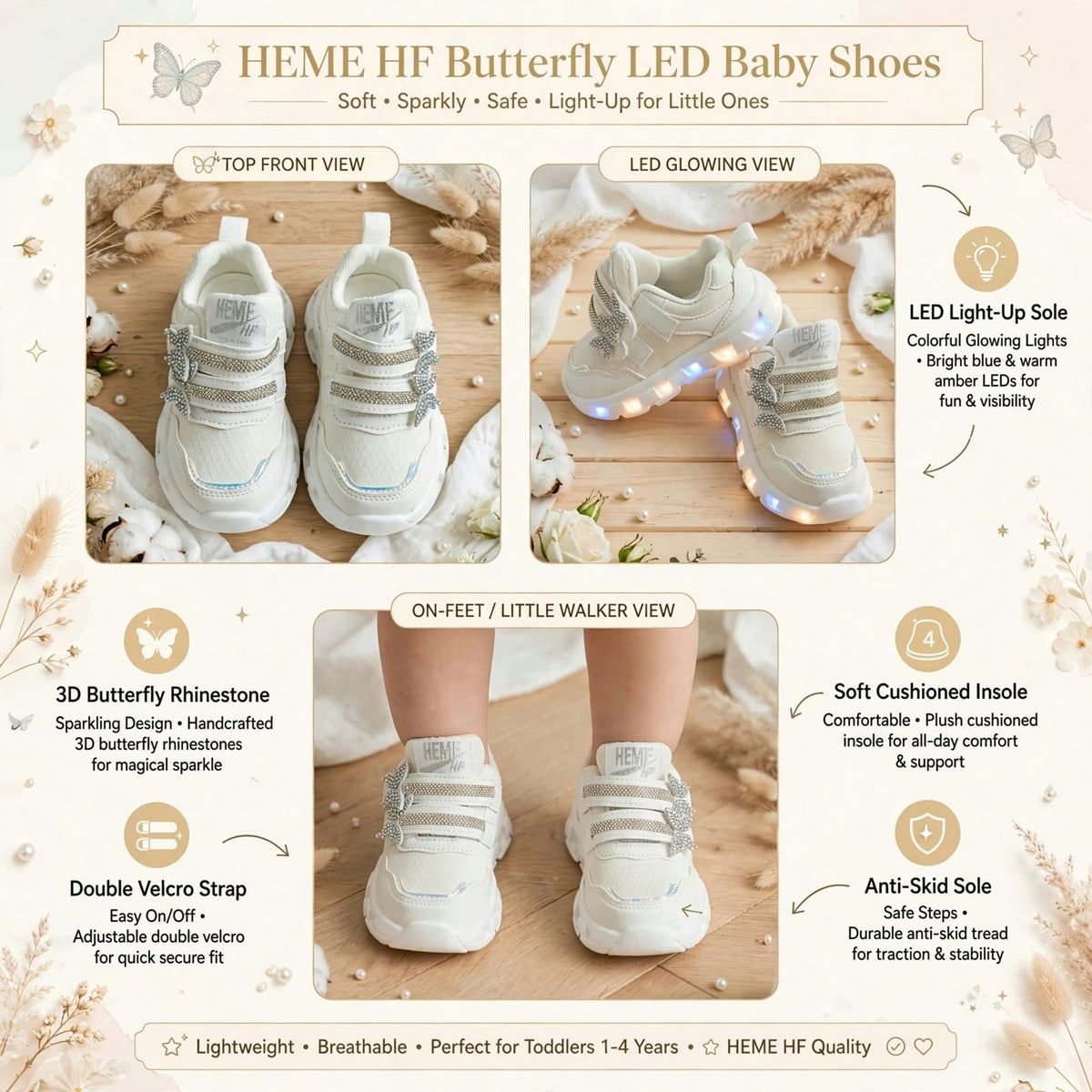 SMILE BABY white LED butterfly kids shoes - product infographic