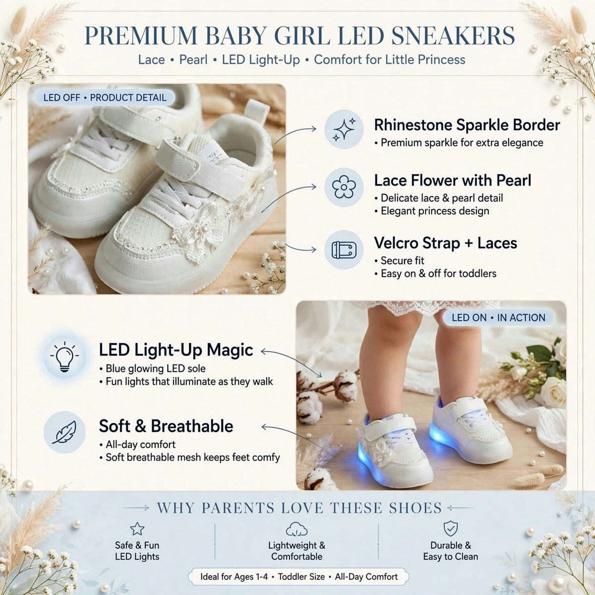 SMILE BABY white baby girl LED sneakers - on feet