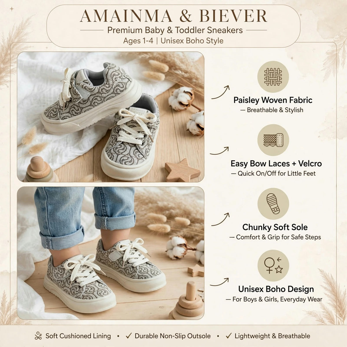 SMILE BABY cream paisley sneakers for kids - product infographic