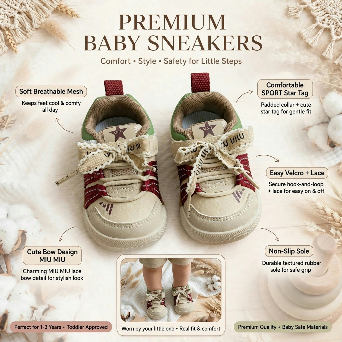 SMILE BABY baby sneakers - red and yellow A+ product infographic