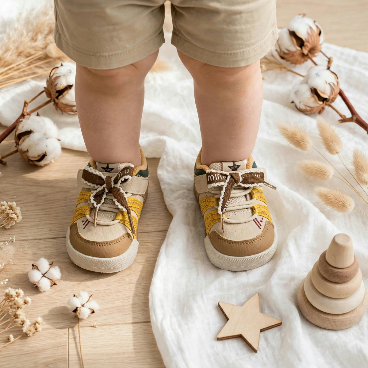 SMILE BABY yellow baby sneakers worn on baby feet