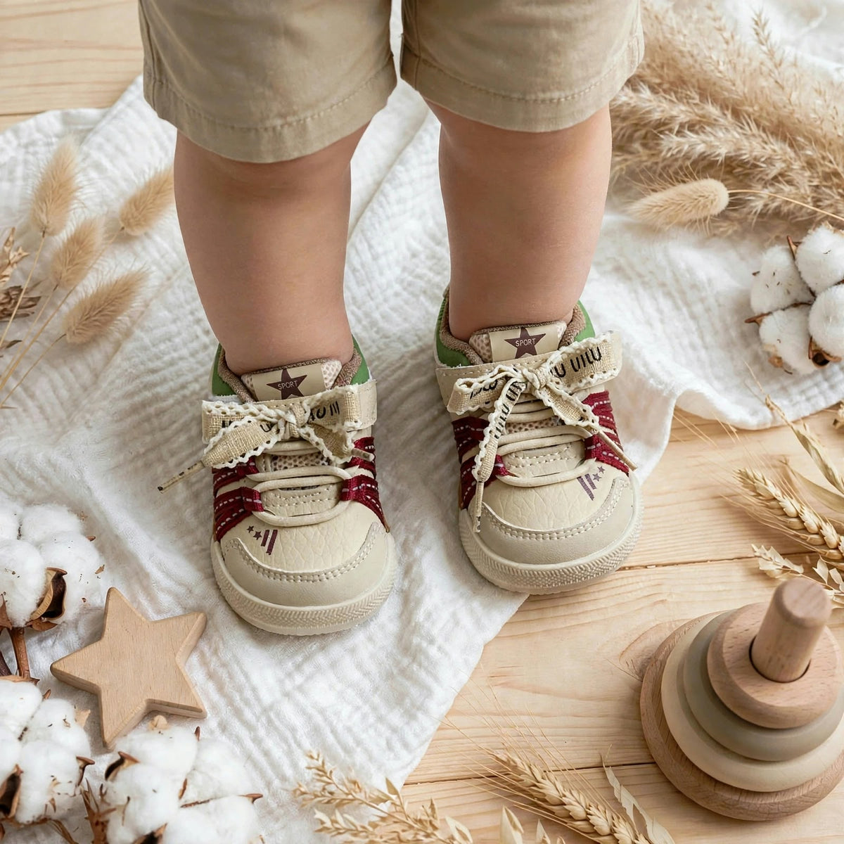 SMILE BABY red baby sneakers worn on baby feet