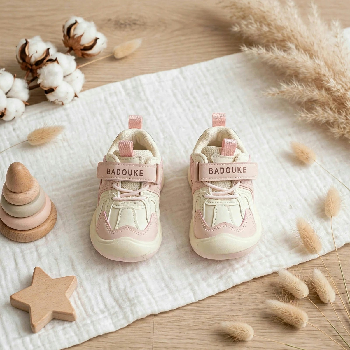 SMILE BABY pink and cream baby sneakers worn on child