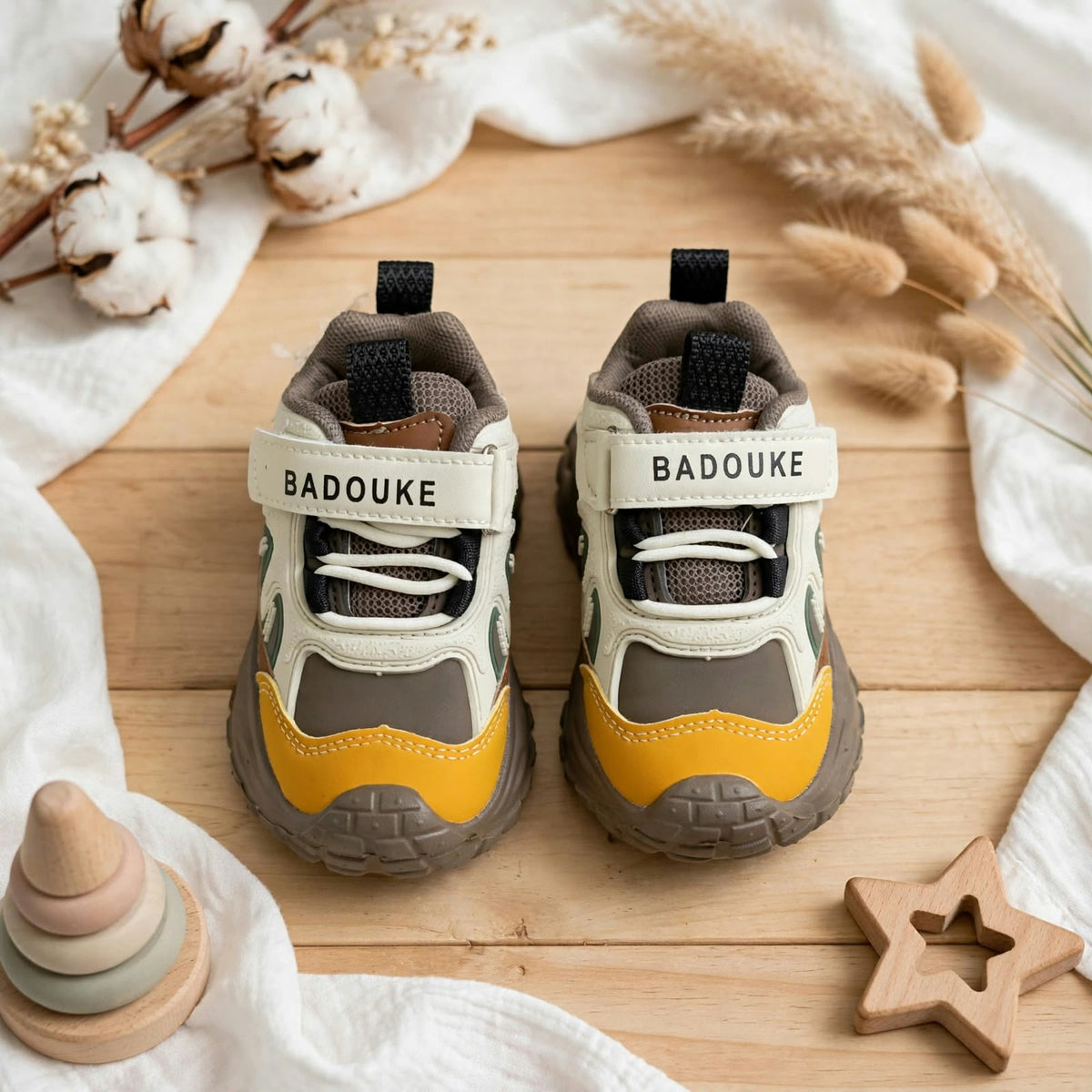 SMILE BABY BADOUKE brown yellow baby shoes front view