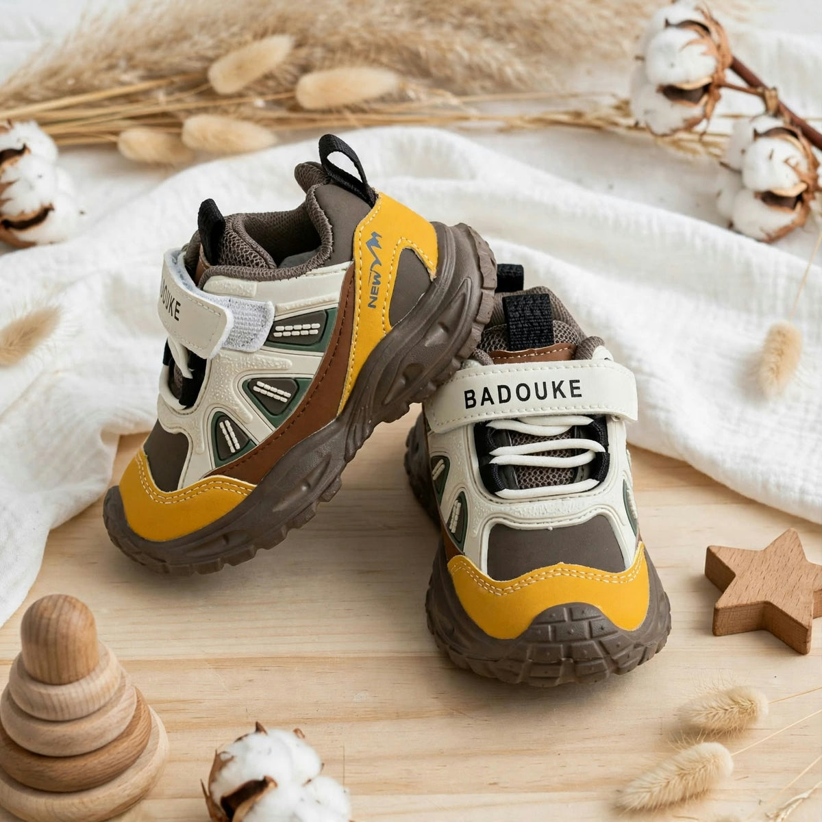 SMILE BABY BADOUKE brown yellow baby shoes side view