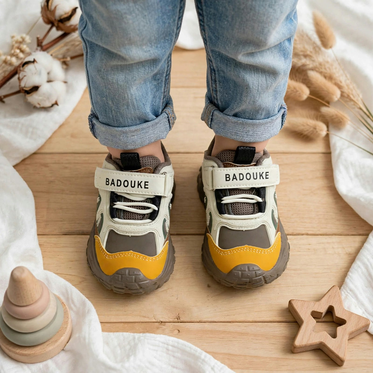 SMILE BABY BADOUKE brown yellow baby sneakers lifestyle
