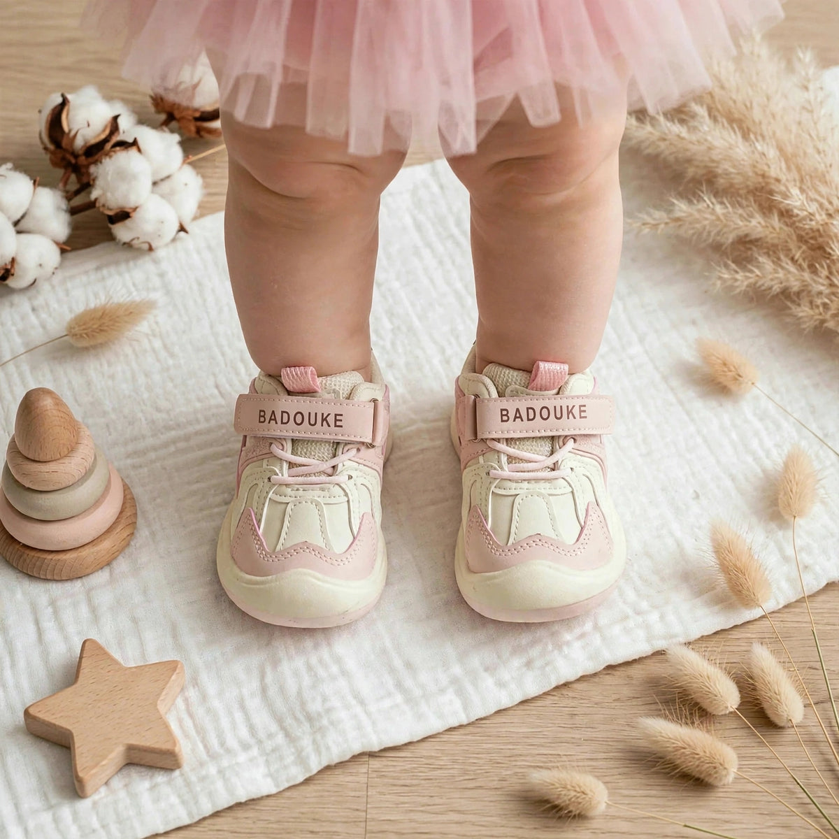 SMILE BABY pink and cream baby shoes A+ product infographic