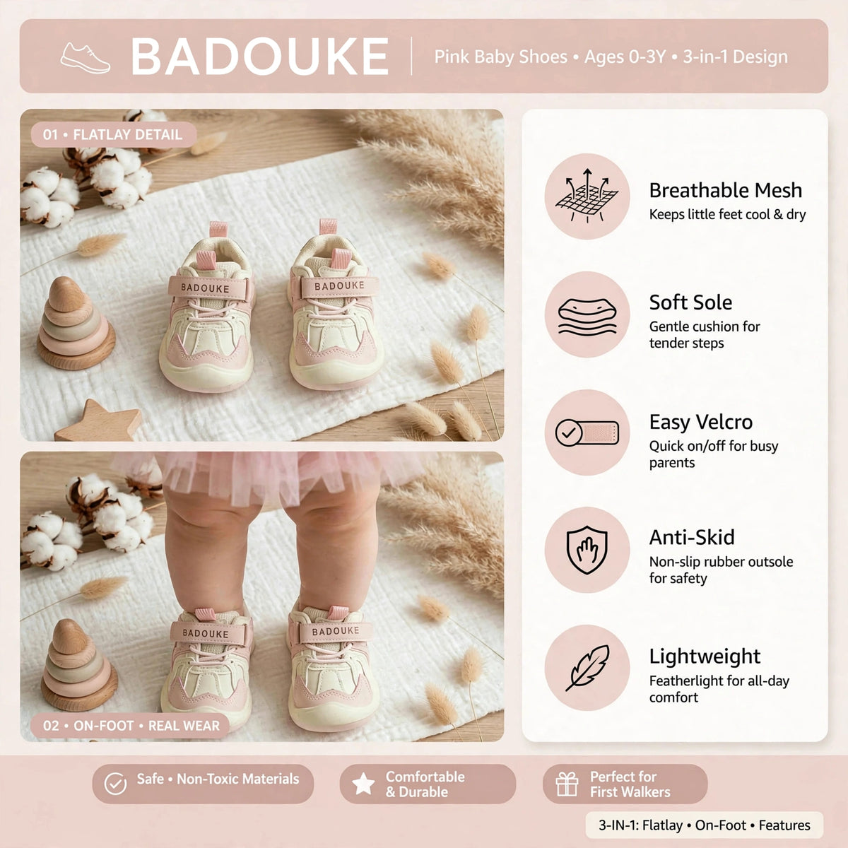 SMILE BABY pink and cream baby sneakers product view