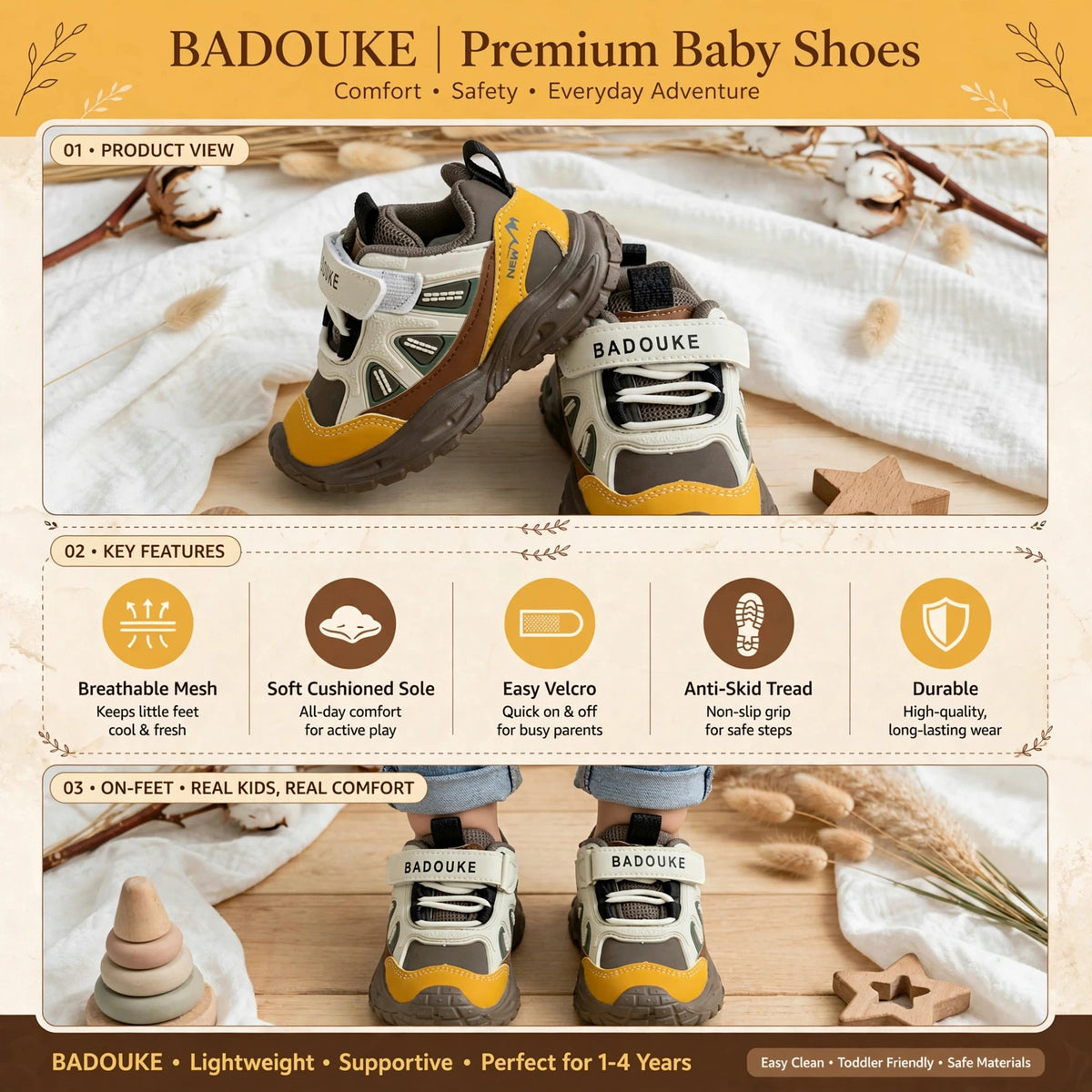 SMILE BABY BADOUKE brown yellow girls baby shoes A+ infographic