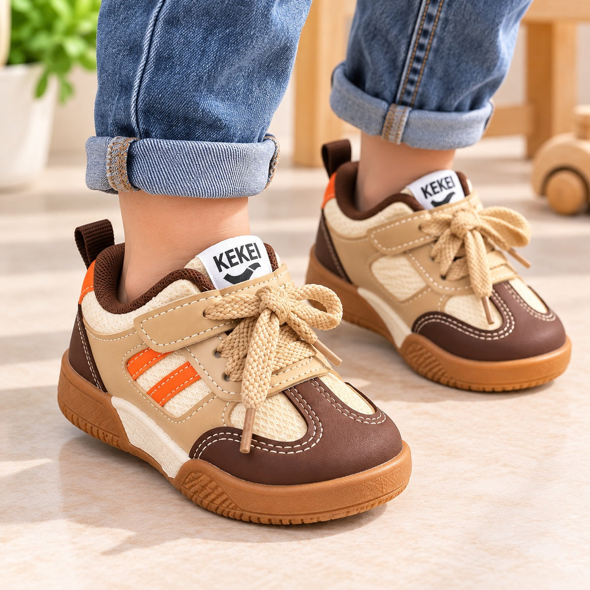 Smile Baby boys brown casual sneakers worn by child