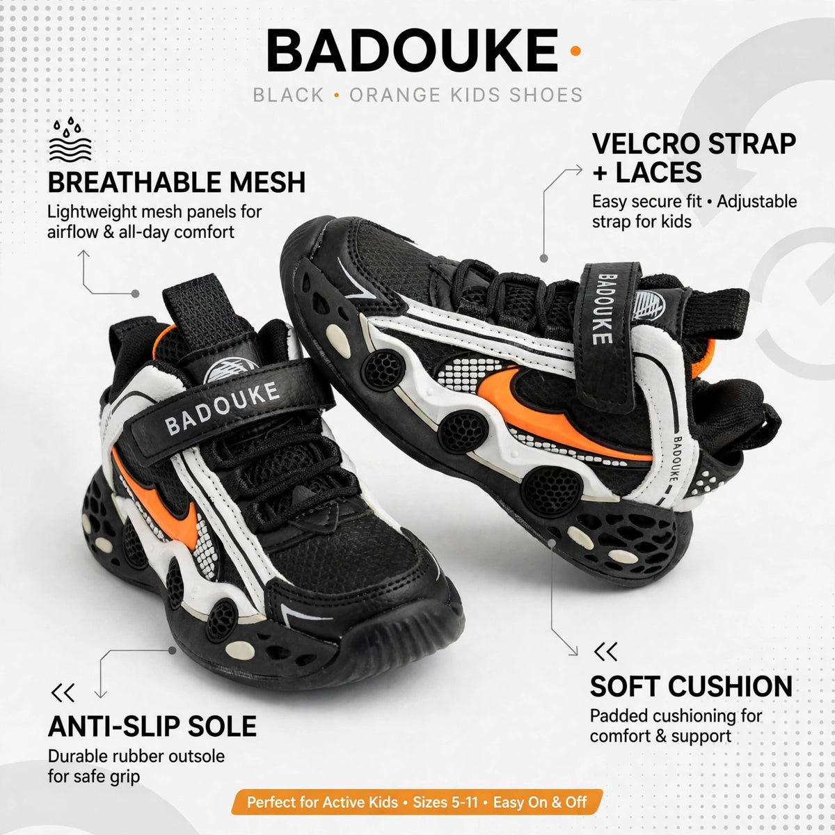 SMILE BABY boys black orange sneaker infographic